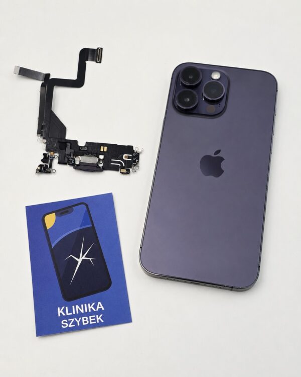 iPhone 14 Pro obok dolnego modułu z mikrofonem